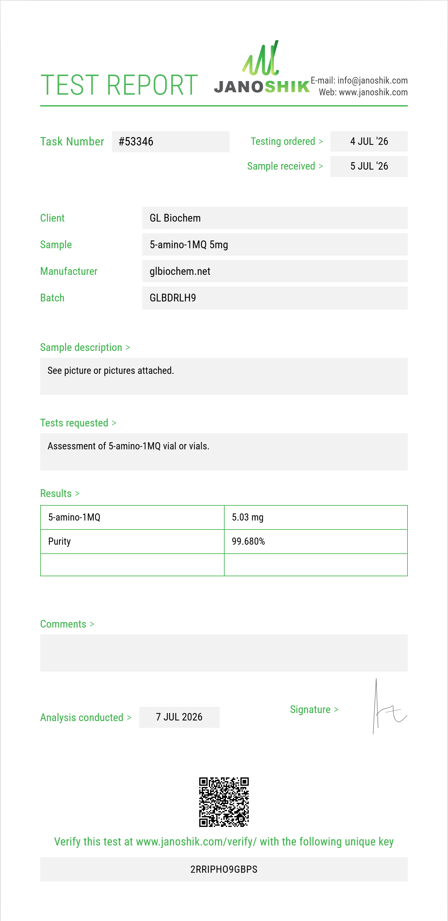 5-amino-1MQ 5mg x 10 vials Purity (HPLC) report by Janoshik Analytical