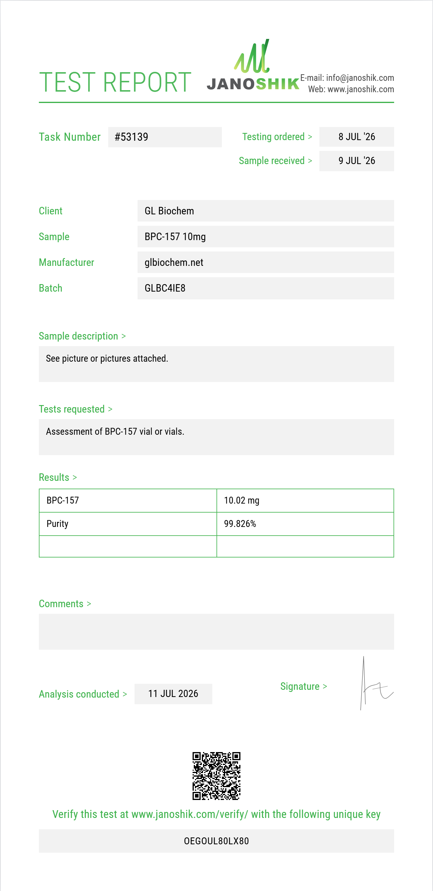 BPC-157 10mg x 10 vials Purity (HPLC) report by Janoshik Analytical
