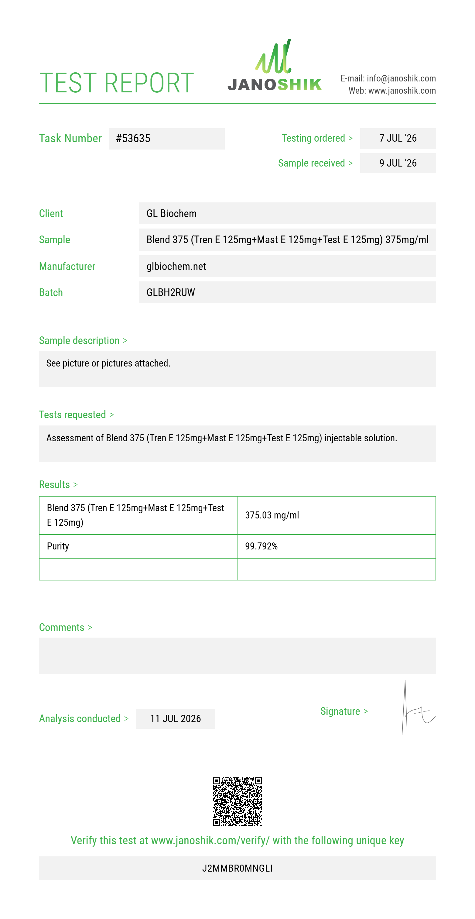 Blend 375 (Tren E 125mg+Mast E 125mg+Test E 125mg) 375mg/ml*10ml Purity (HPLC) report by Janoshik Analytical