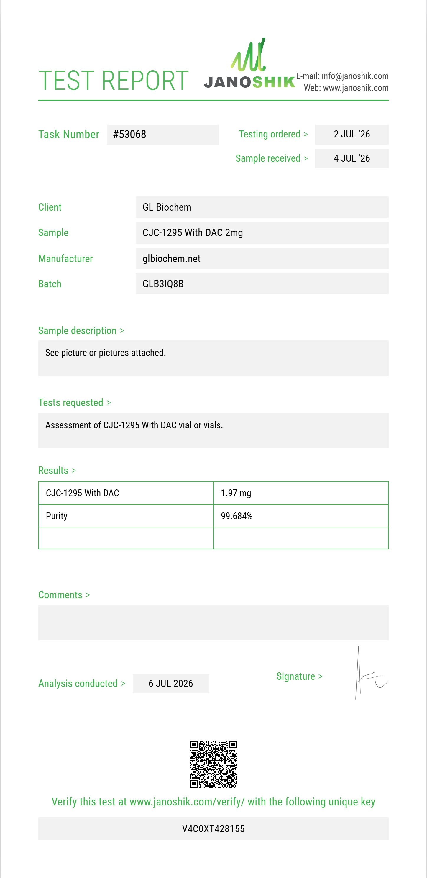CJC-1295 With DAC 2mg x 10 vials Purity (HPLC) report by Janoshik Analytical