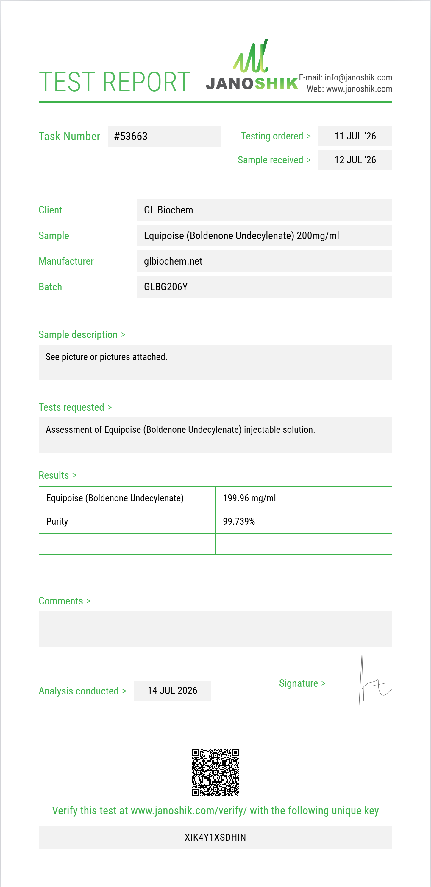 Equipoise (Boldenone Undecylenate) 200mg/ml*10ml Purity (HPLC) report by Janoshik Analytical