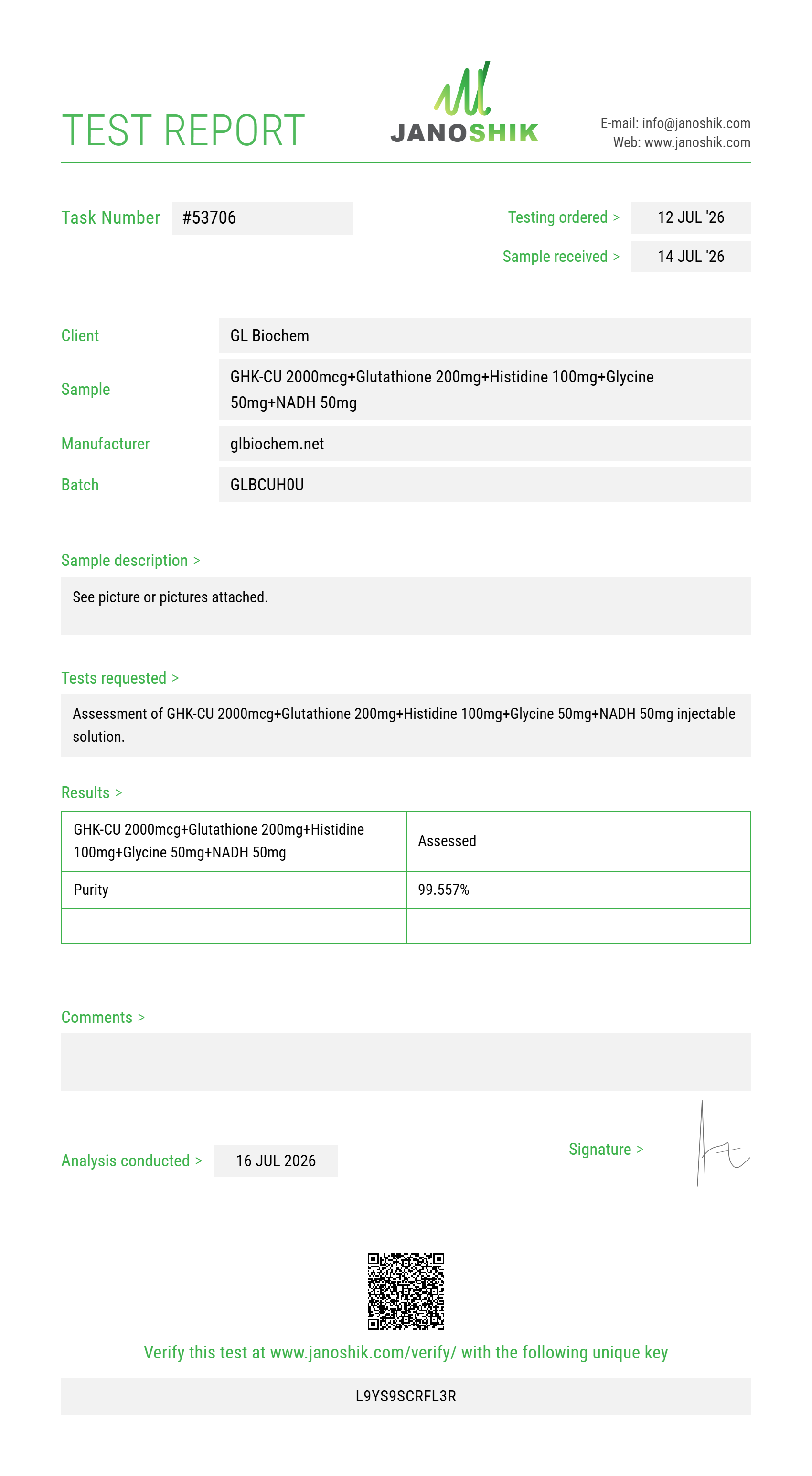 GHK-CU 2000mcg+Glutathione 200mg+Histidine 100mg+Glycine 50mg+NADH 50mg 10ml vial Purity (HPLC) report by Janoshik Analytical