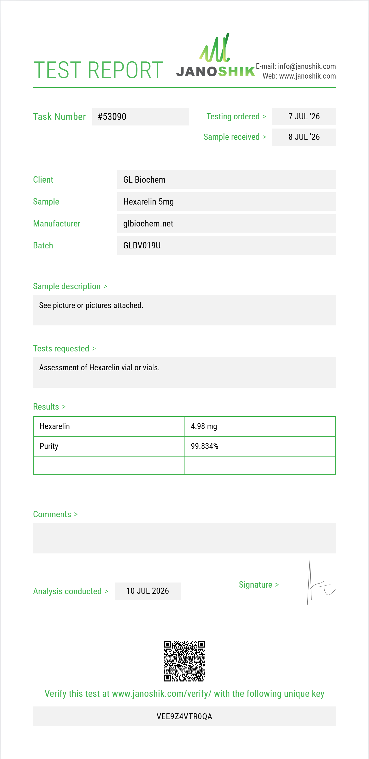 Hexarelin 5mg x 10 vials Purity (HPLC) report by Janoshik Analytical