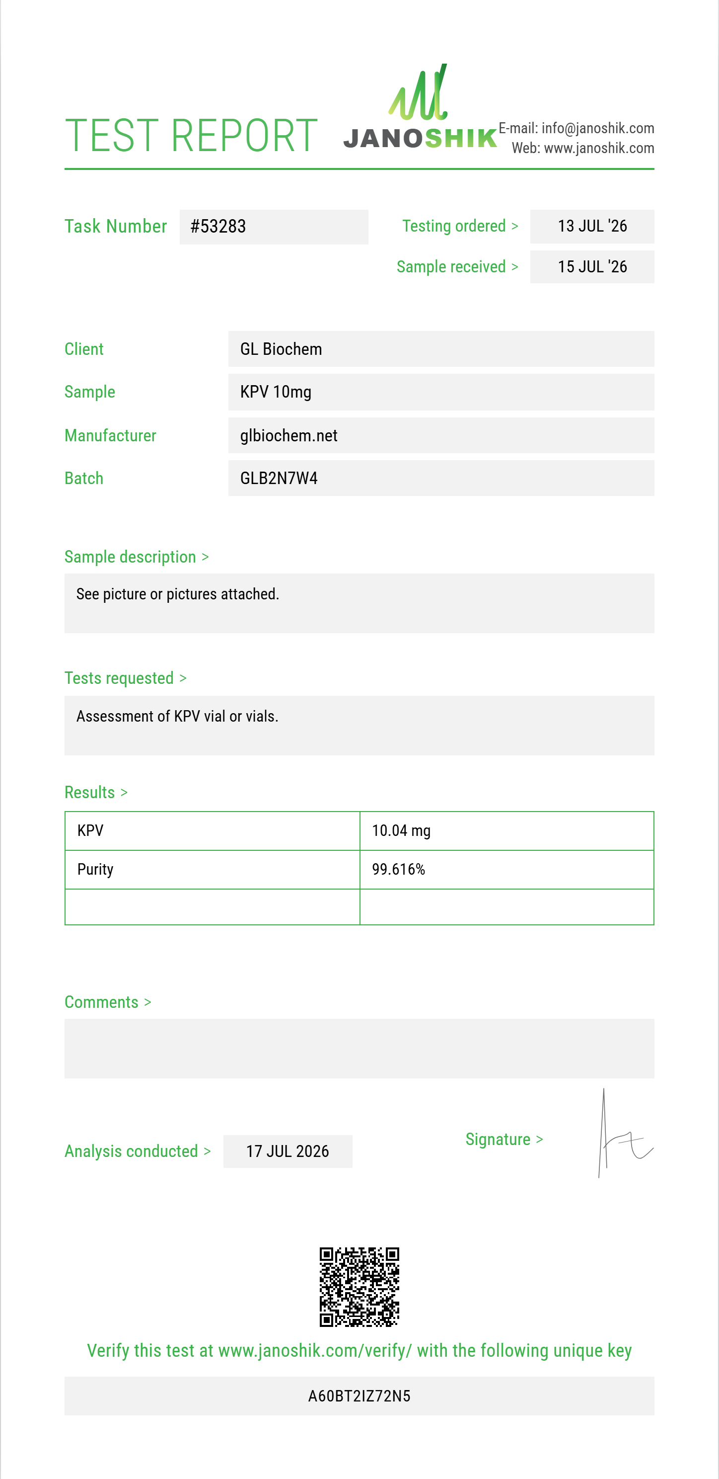 KPV 10mg x 10 vials Purity (HPLC) report by Janoshik Analytical