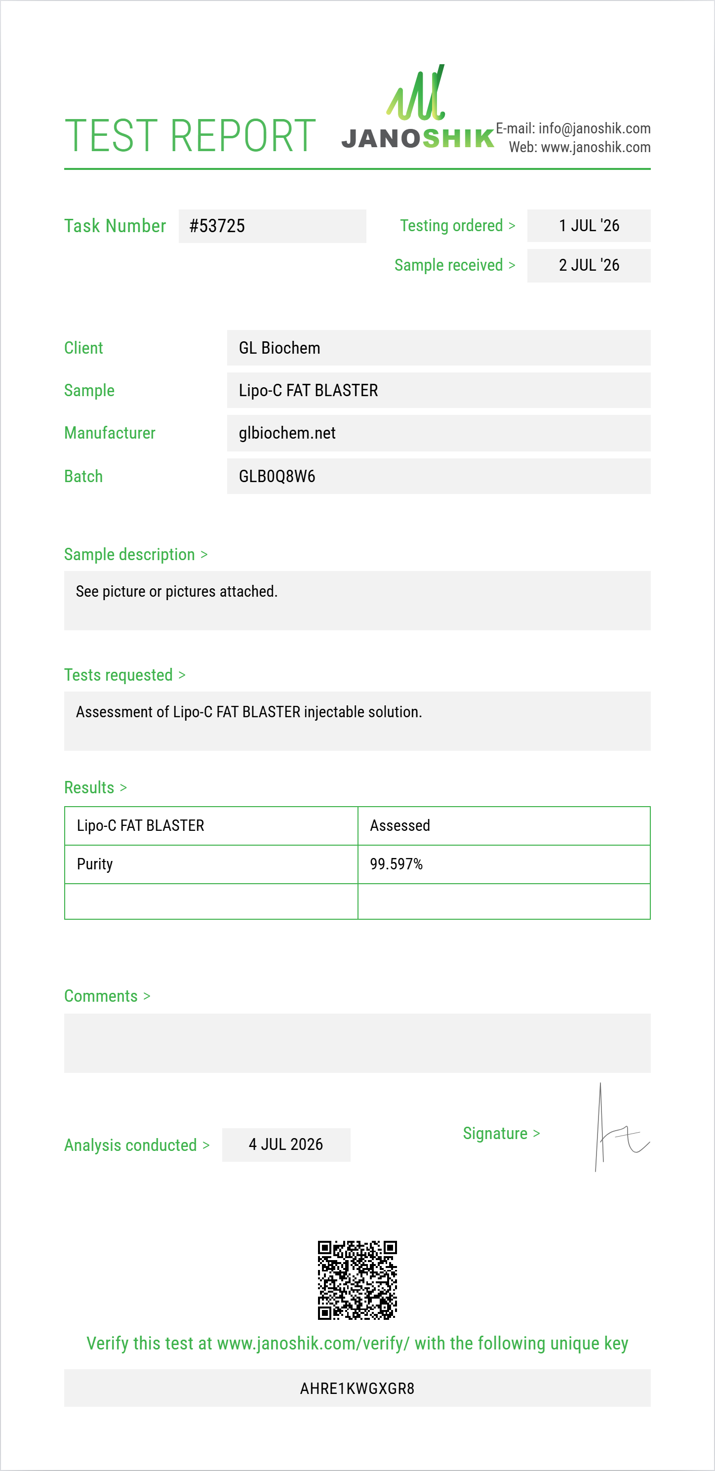 Lipo-C FAT BLASTER 10ml vial Purity (HPLC) report by Janoshik Analytical
