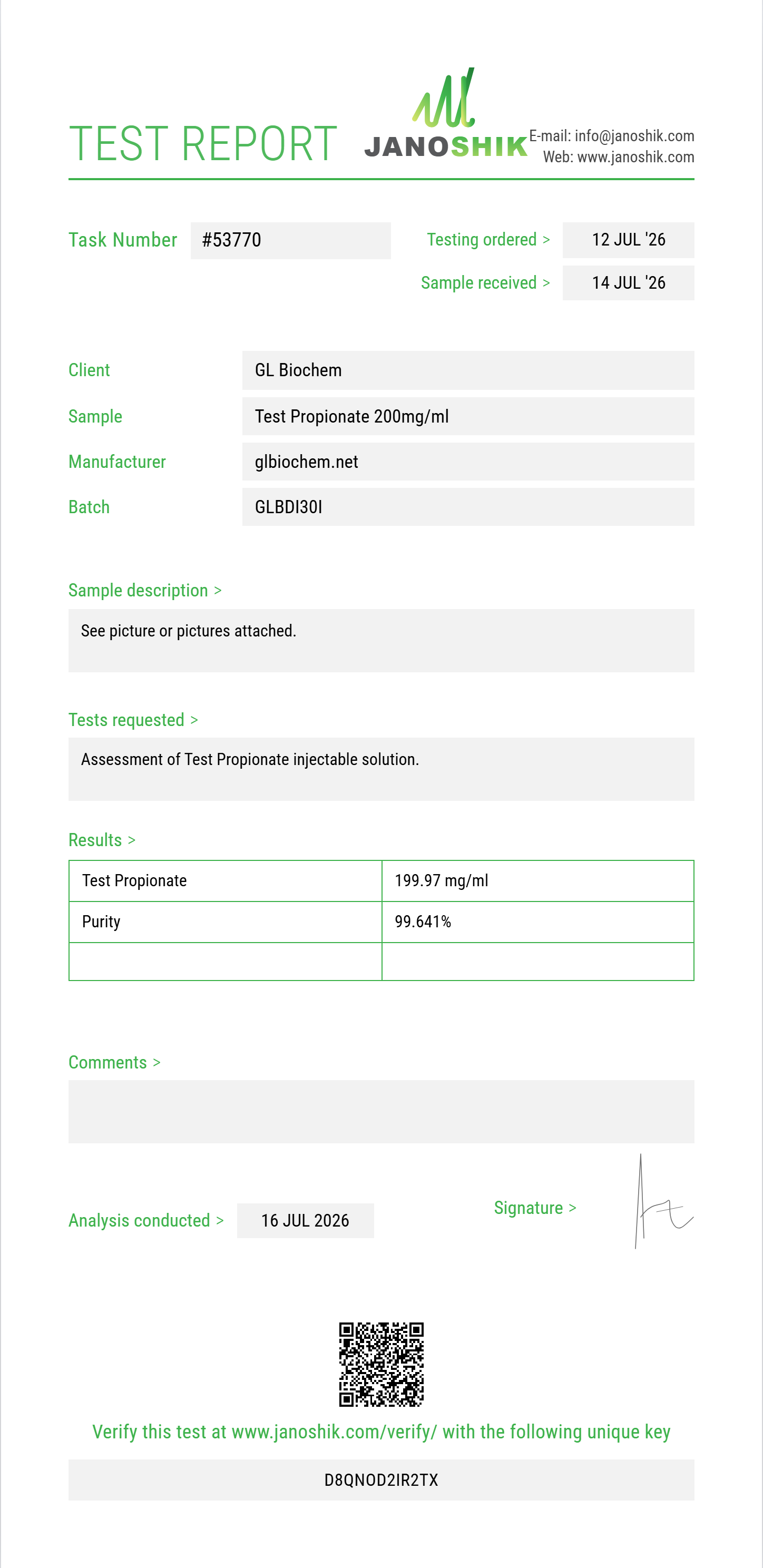 Test Propionate 200mg/ml*10ml Purity (HPLC) report by Janoshik Analytical