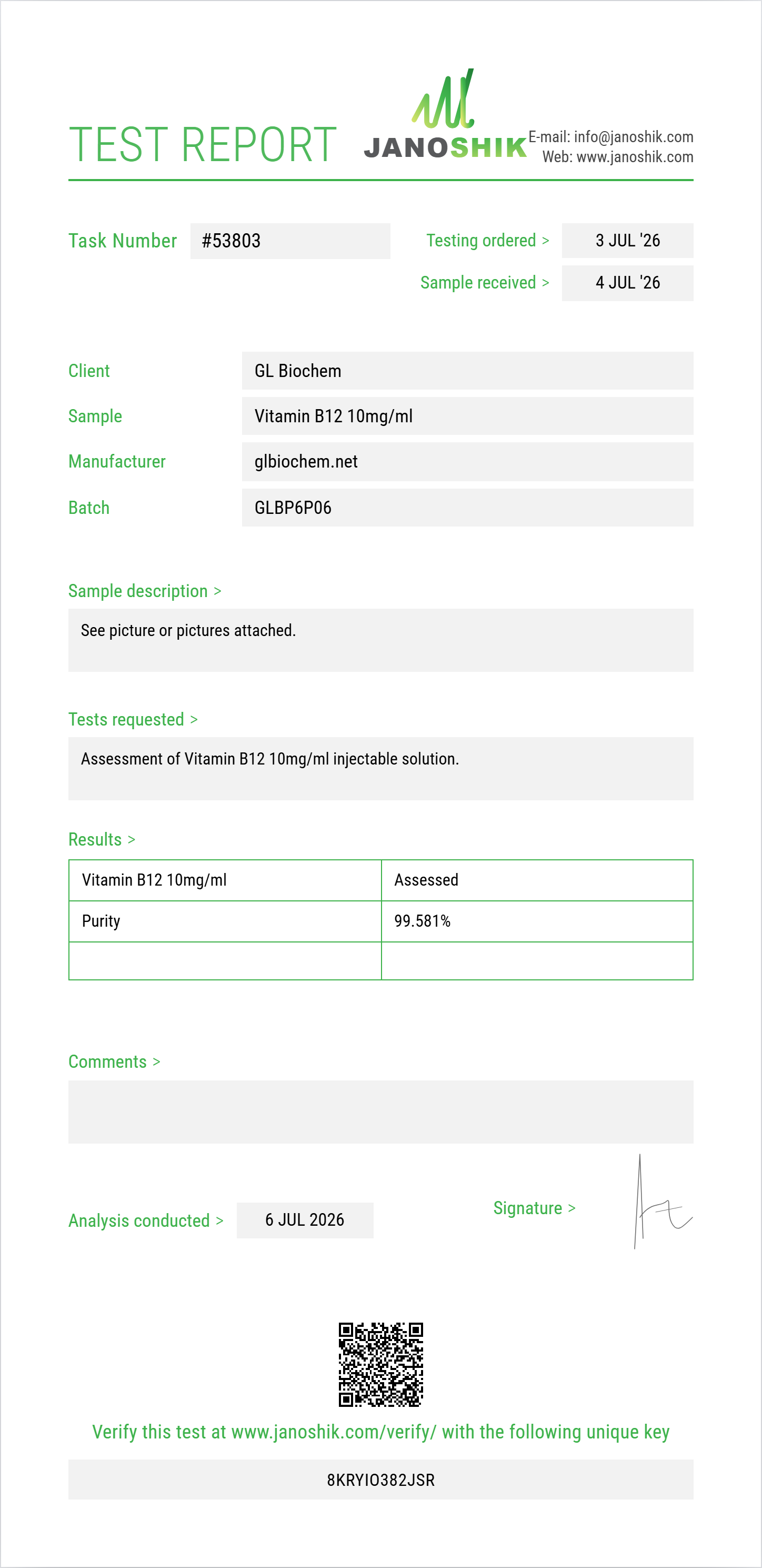 Vitamin B12 10mg/ml 10ml vial Purity (HPLC) report by Janoshik Analytical