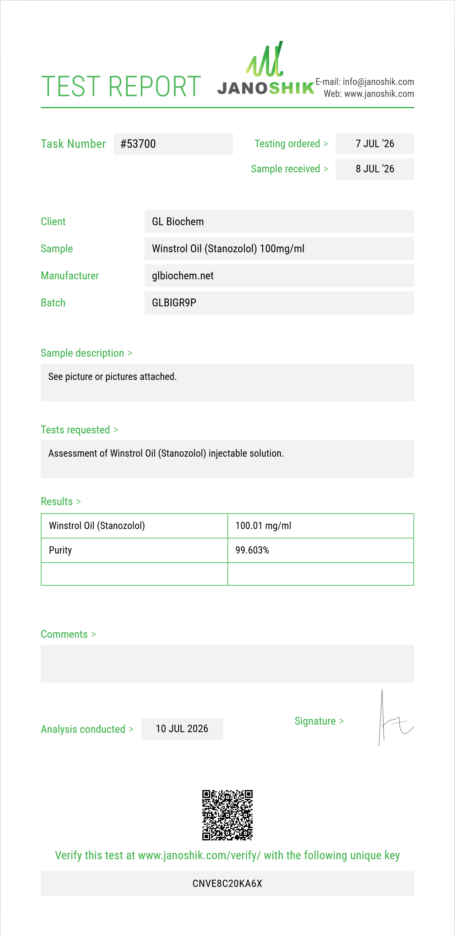 Winstrol Oil (Stanozolol) 100mg/ml*10ml Purity (HPLC) report by Janoshik Analytical