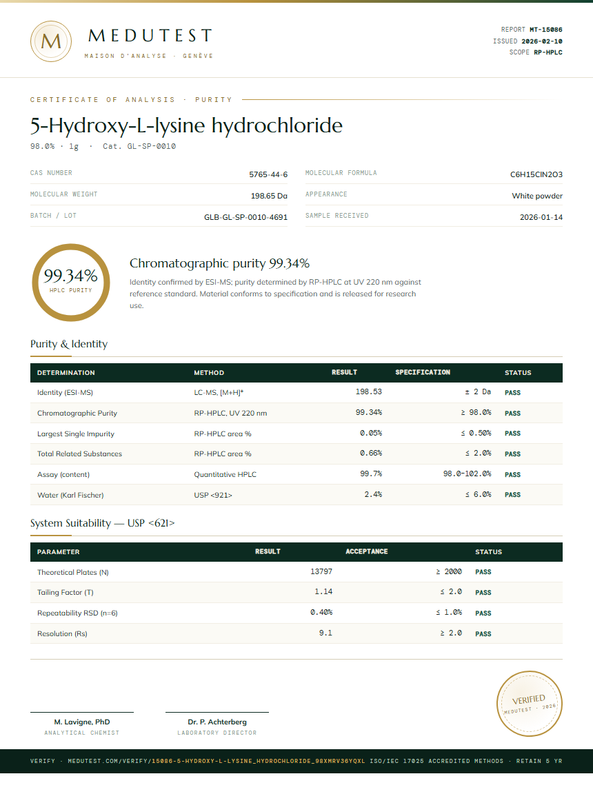5-Hydroxy-L-lysine hydrochloride Purity (HPLC) report by Medutest