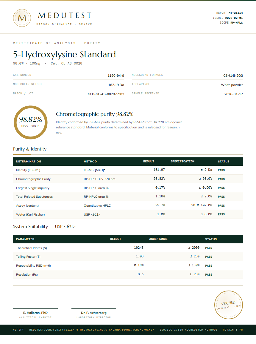 5-Hydroxylysine Standard Purity (HPLC) report by Medutest