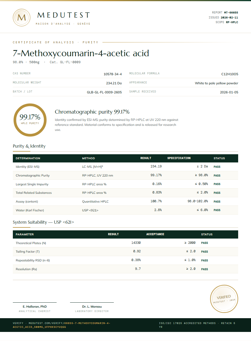 7-Methoxycoumarin-4-acetic acid Purity (HPLC) report by Medutest