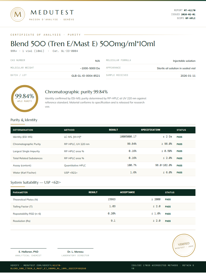 Blend 500 (Tren E/Mast E) 500mg/ml*10ml Purity (HPLC) report by Medutest