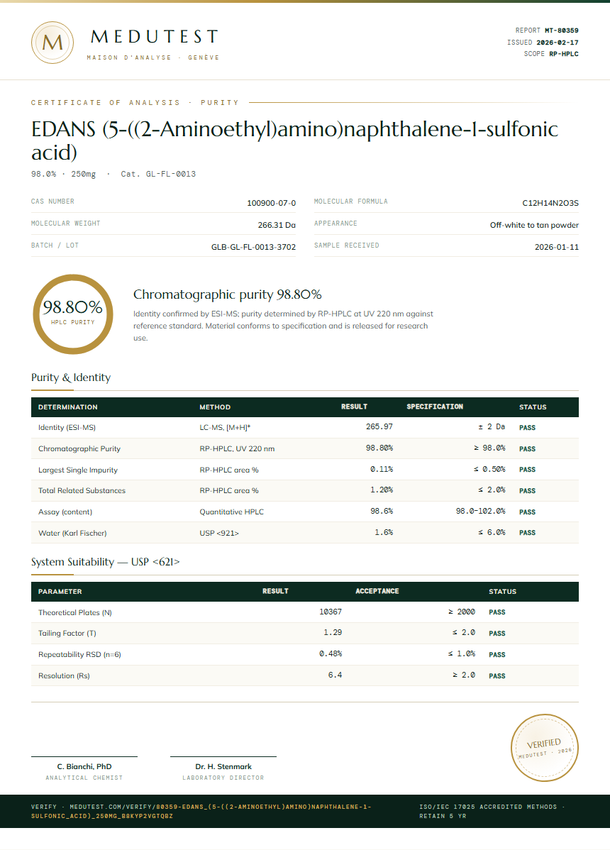 EDANS (5-((2-Aminoethyl)amino)naphthalene-1-sulfonic acid) Purity (HPLC) report by Medutest