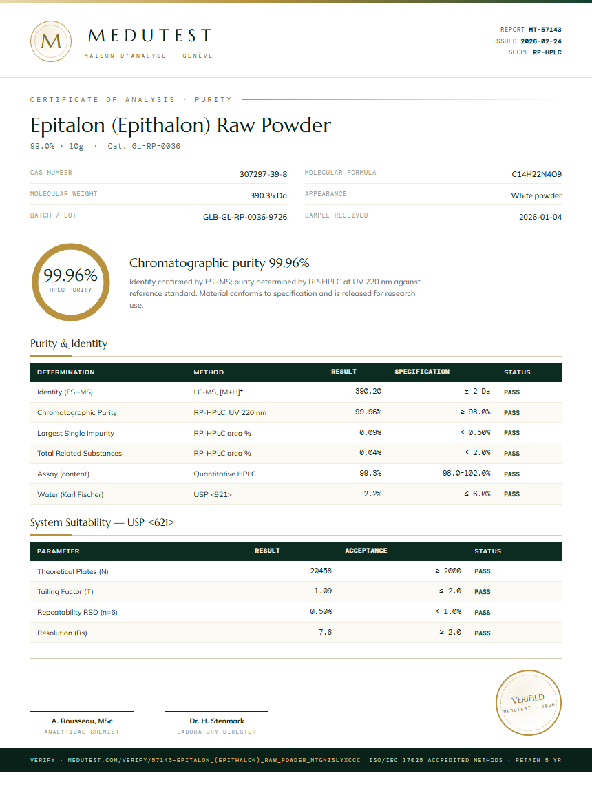 Epitalon (Epithalon) Raw Powder Purity (HPLC) report by Medutest