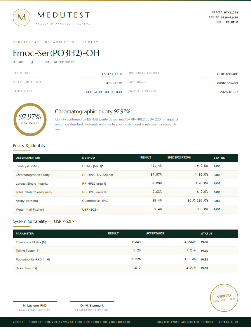 Fmoc-Ser(PO3H2)-OH Purity (HPLC) report by Medutest