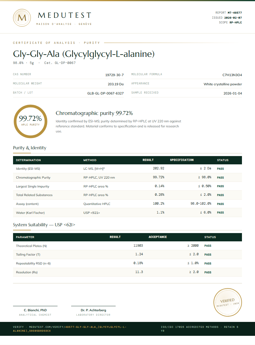 Gly-Gly-Ala (Glycylglycyl-L-alanine) Purity (HPLC) report by Medutest