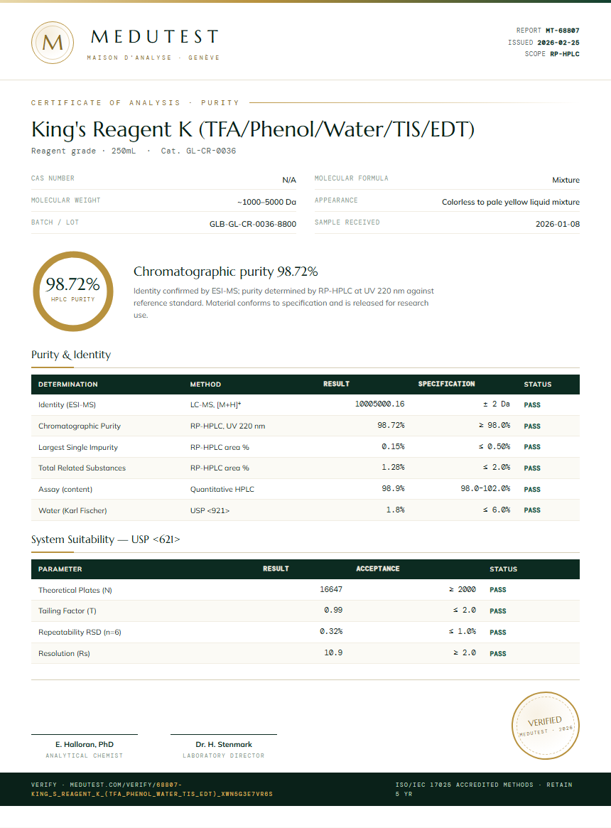 King's Reagent K (TFA/Phenol/Water/TIS/EDT) Purity (HPLC) report by Medutest