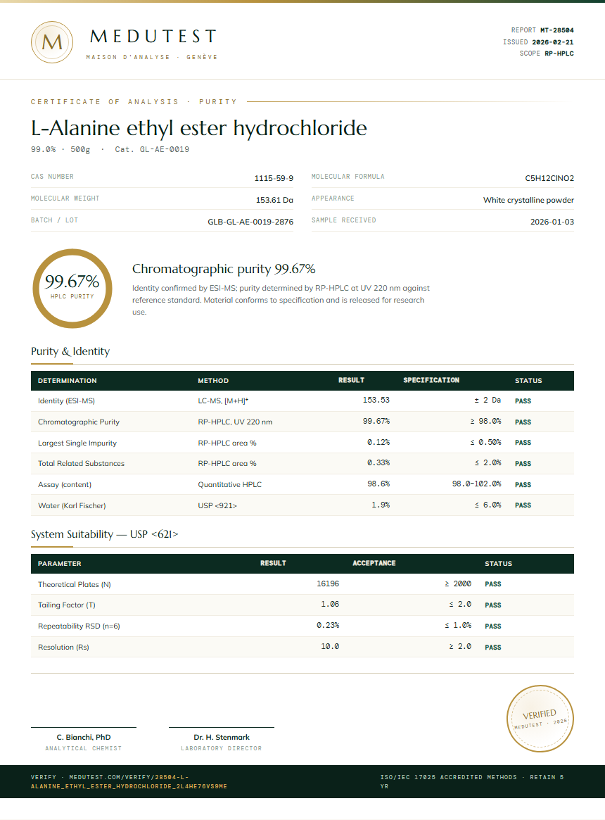 L-Alanine ethyl ester hydrochloride Purity (HPLC) report by Medutest