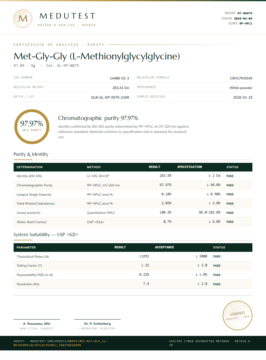 Met-Gly-Gly (L-Methionylglycylglycine) Purity (HPLC) report by Medutest