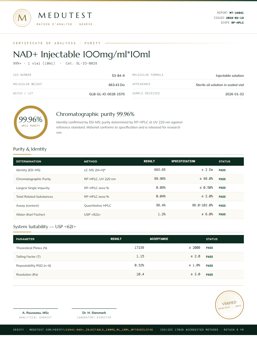 NAD+ Injectable 100mg/ml*10ml Purity (HPLC) report by Medutest