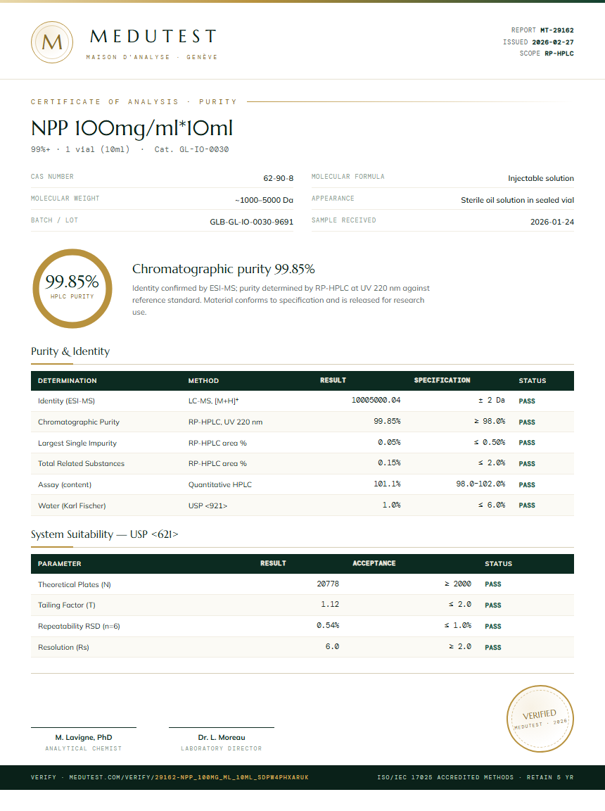 NPP 100mg/ml*10ml Purity (HPLC) report by Medutest