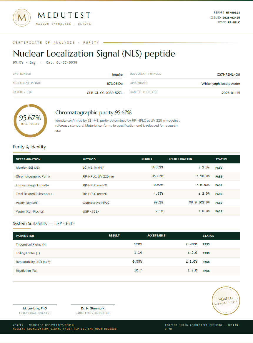 Nuclear Localization Signal (NLS) peptide Purity (HPLC) report by Medutest