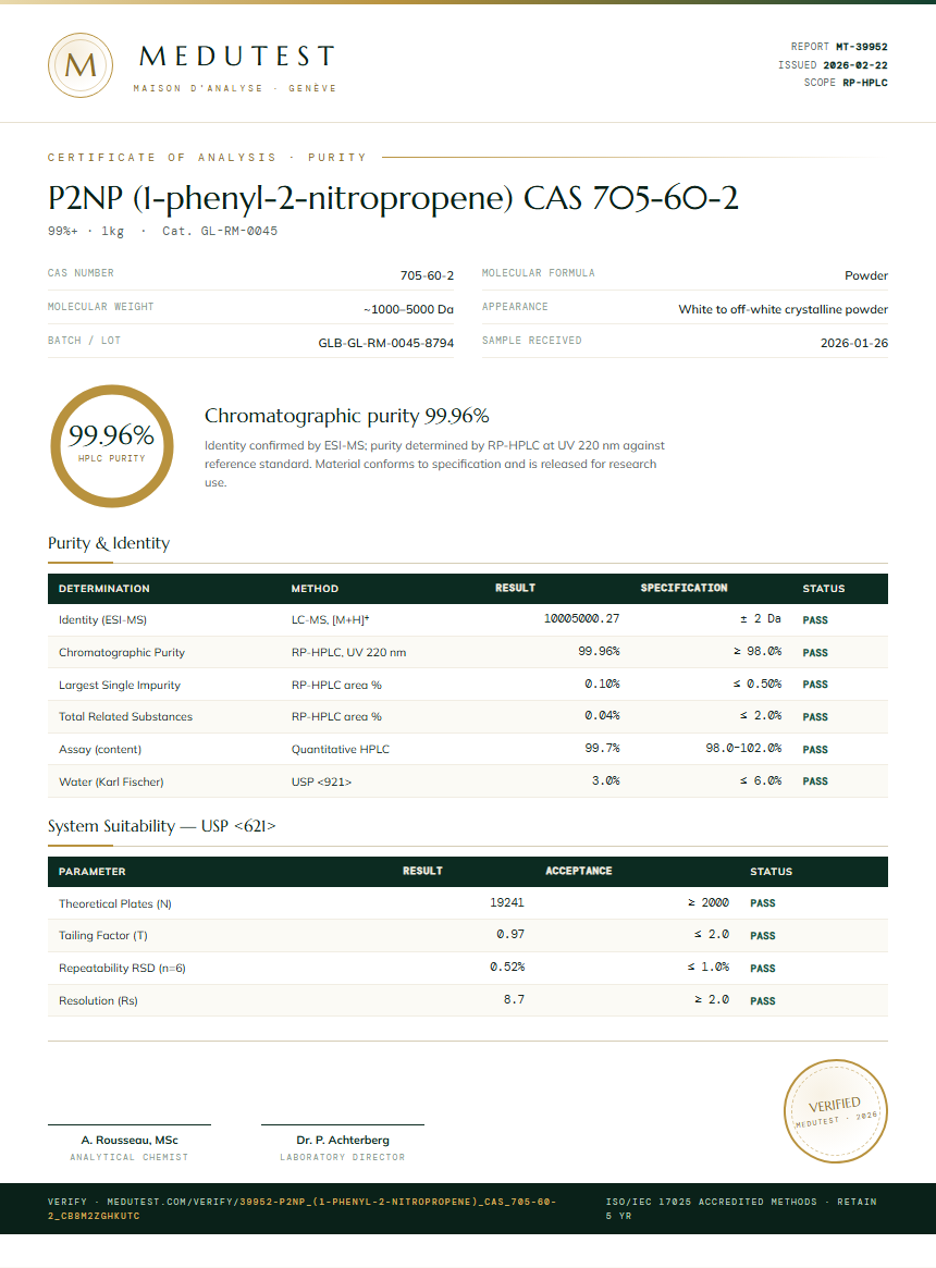 P2NP (1-phenyl-2-nitropropene) CAS 705-60-2 Purity (HPLC) report by Medutest