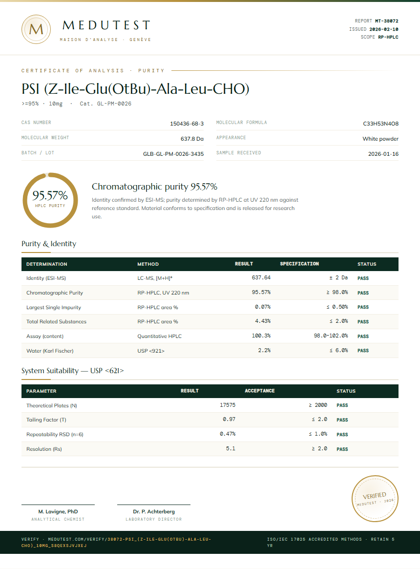 PSI (Z-Ile-Glu(OtBu)-Ala-Leu-CHO) Purity (HPLC) report by Medutest