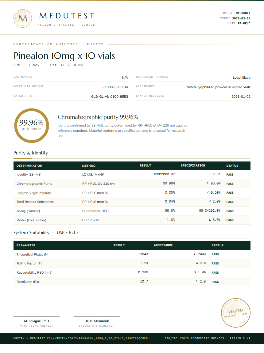 Pinealon 10mg x 10 vials Purity (HPLC) report by Medutest