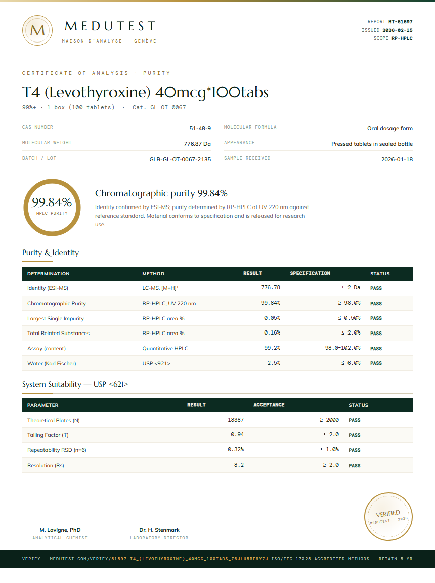 T4 (Levothyroxine) 40mcg*100tabs Purity (HPLC) report by Medutest