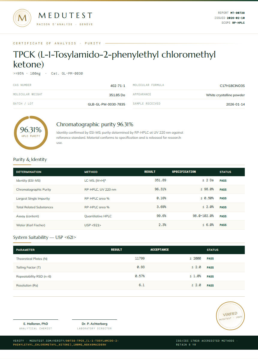 TPCK (L-1-Tosylamido-2-phenylethyl chloromethyl ketone) Purity (HPLC) report by Medutest