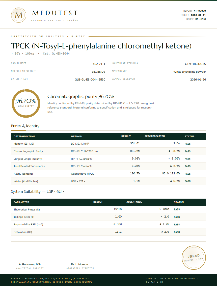 TPCK (N-Tosyl-L-phenylalanine chloromethyl ketone) Purity (HPLC) report by Medutest