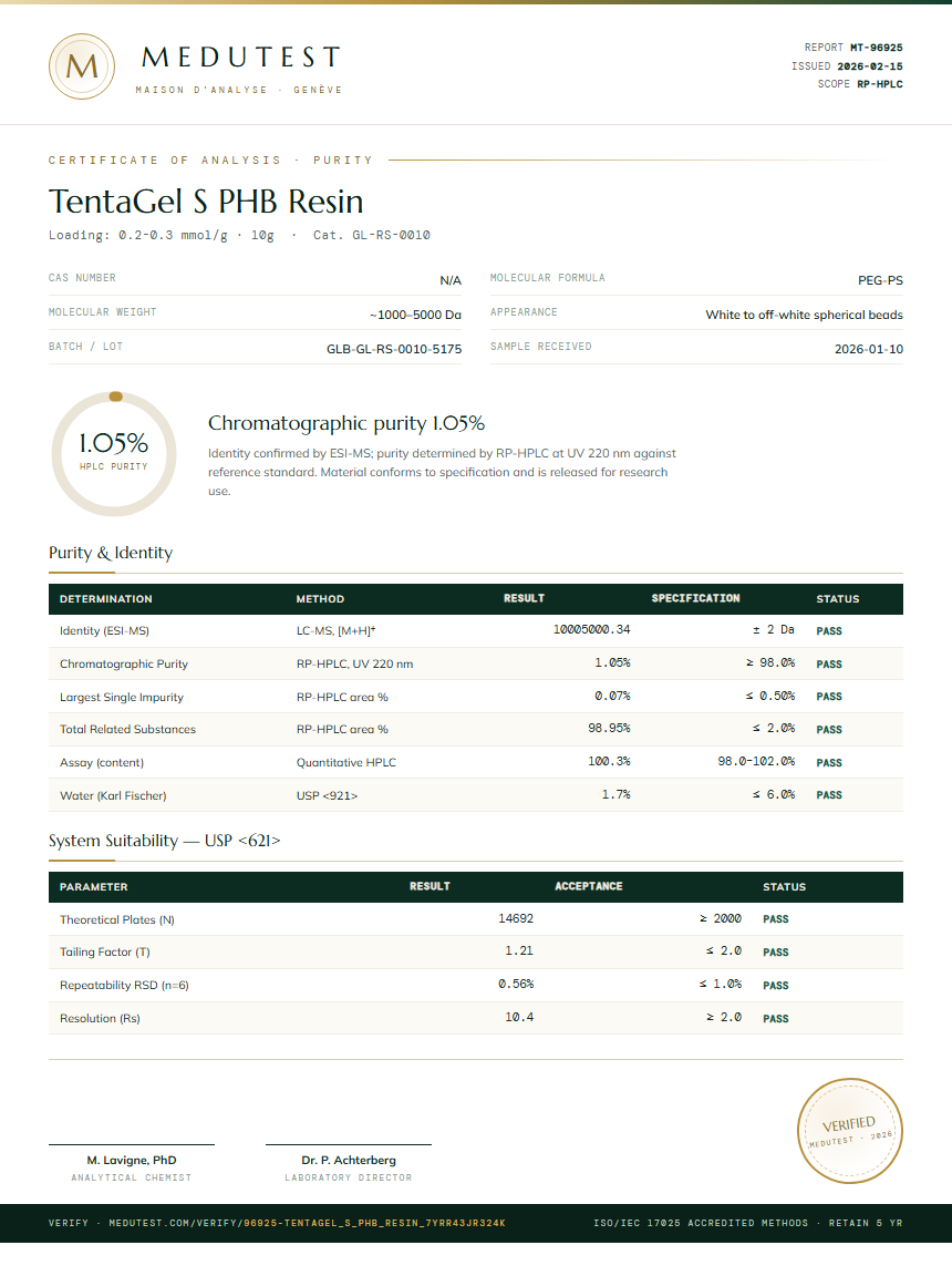 TentaGel S PHB Resin Purity (HPLC) report by Medutest