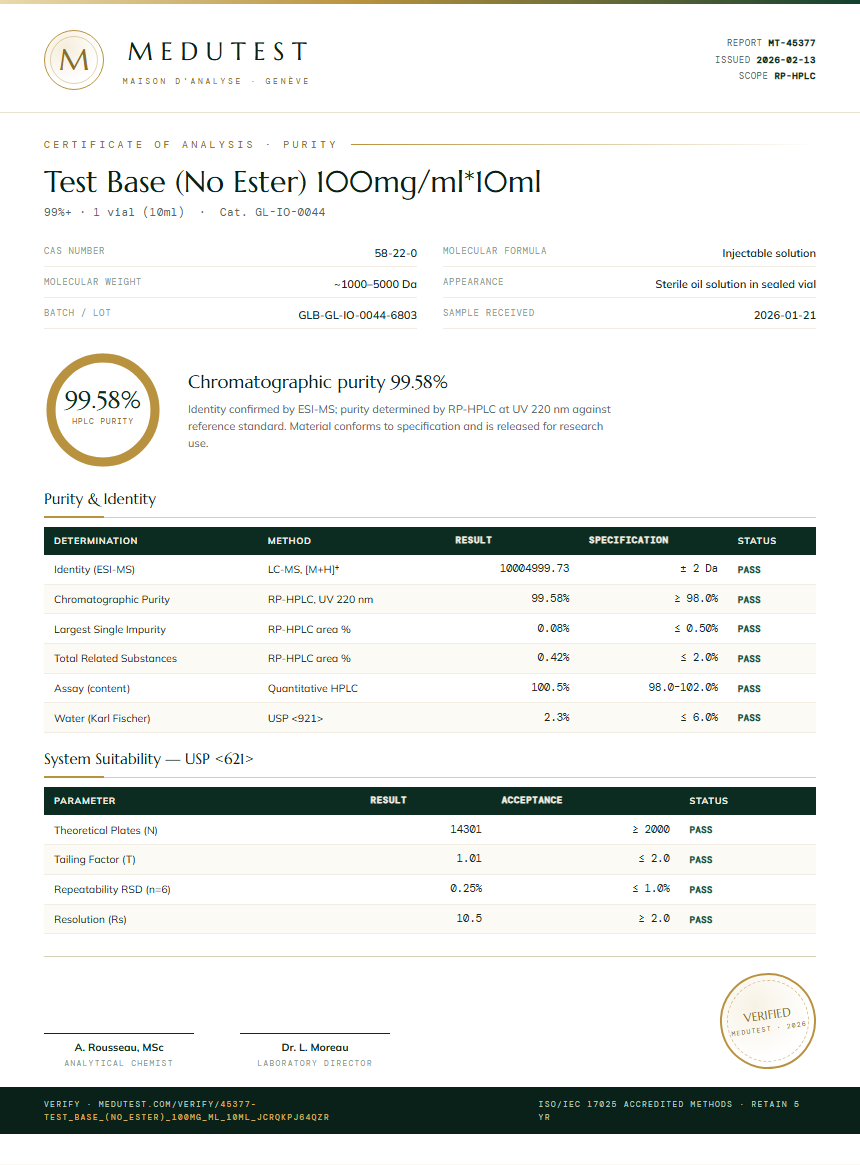 Test Base (No Ester) 100mg/ml*10ml Purity (HPLC) report by Medutest