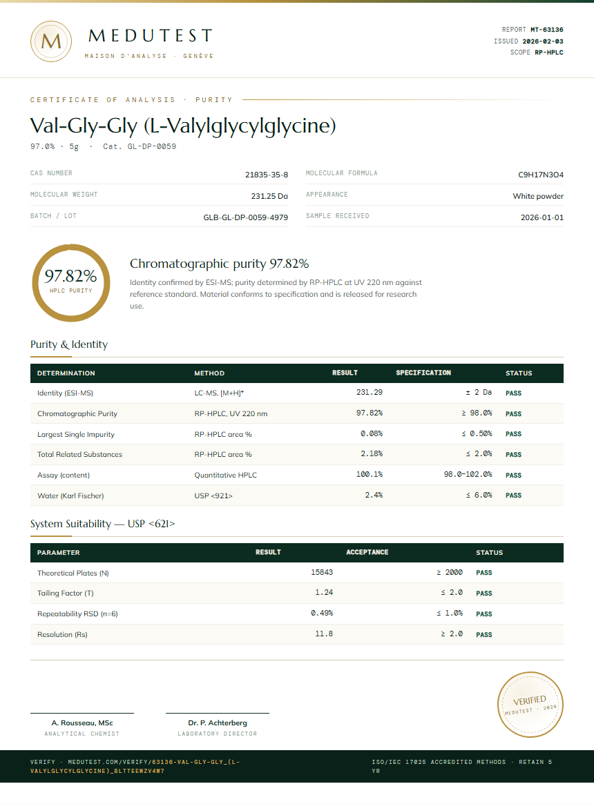 Val-Gly-Gly (L-Valylglycylglycine) Purity (HPLC) report by Medutest