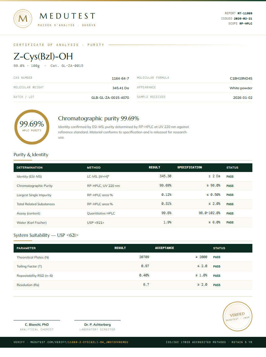 Z-Cys(Bzl)-OH Purity (HPLC) report by Medutest