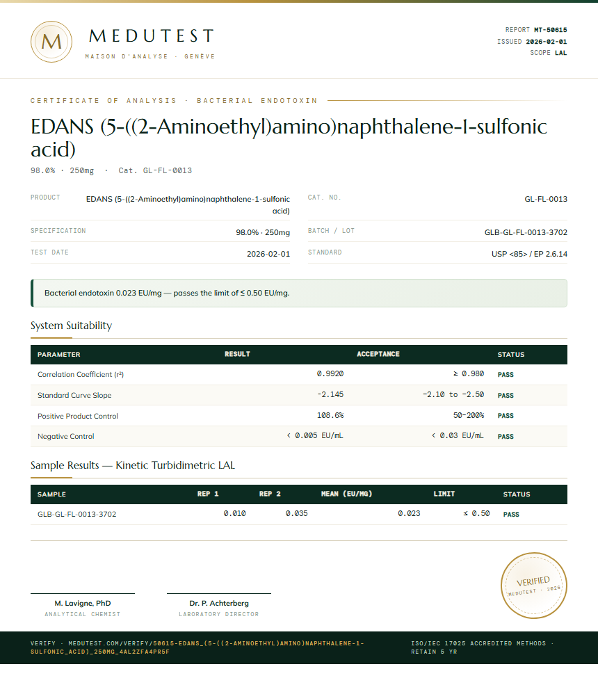EDANS (5-((2-Aminoethyl)amino)naphthalene-1-sulfonic acid) Endotoxin report by Medutest