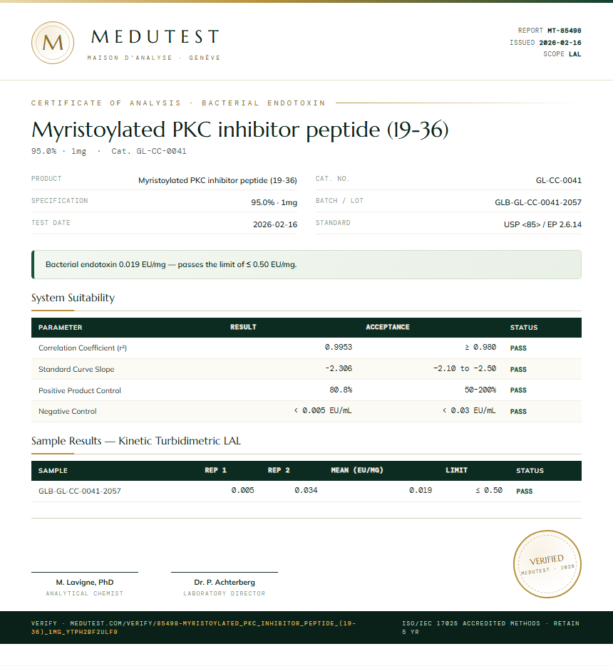 Myristoylated PKC inhibitor peptide (19-36) Endotoxin report by Medutest