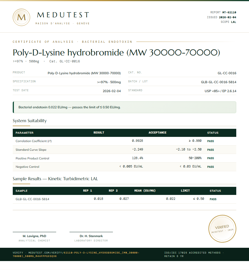 Poly-D-Lysine hydrobromide (MW 30000-70000) Endotoxin report by Medutest