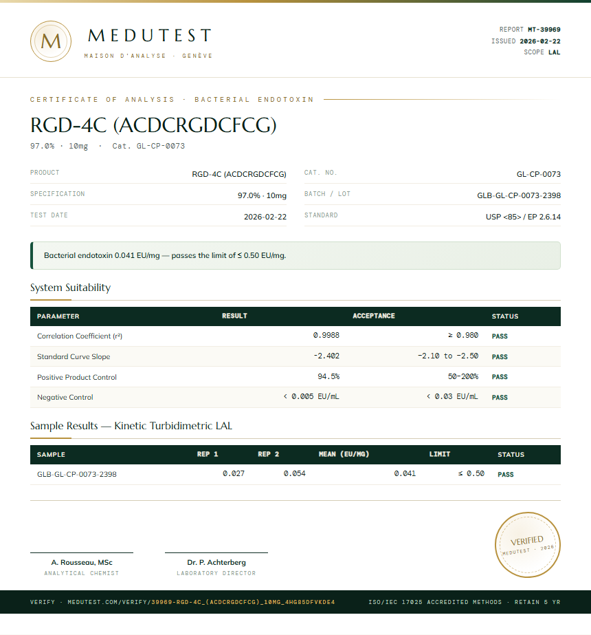 RGD-4C (ACDCRGDCFCG) Endotoxin report by Medutest