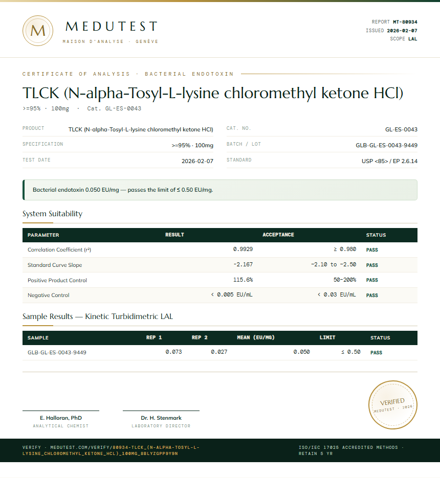 TLCK (N-alpha-Tosyl-L-lysine chloromethyl ketone HCl) Endotoxin report by Medutest