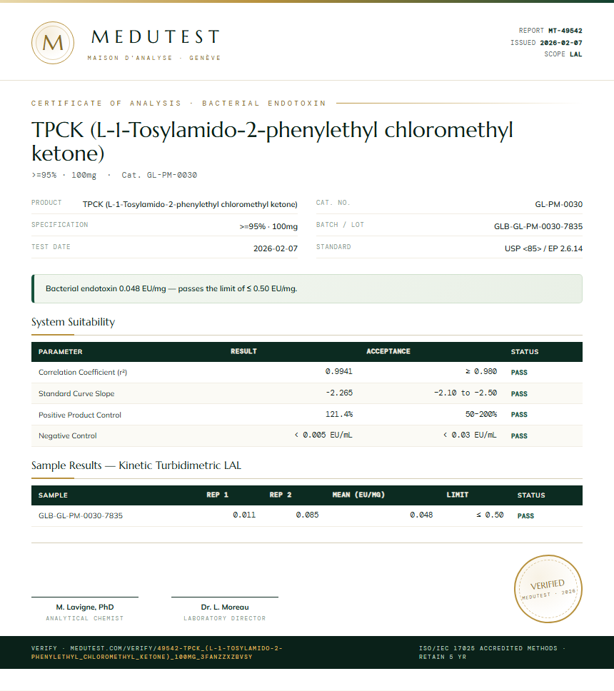 TPCK (L-1-Tosylamido-2-phenylethyl chloromethyl ketone) Endotoxin report by Medutest