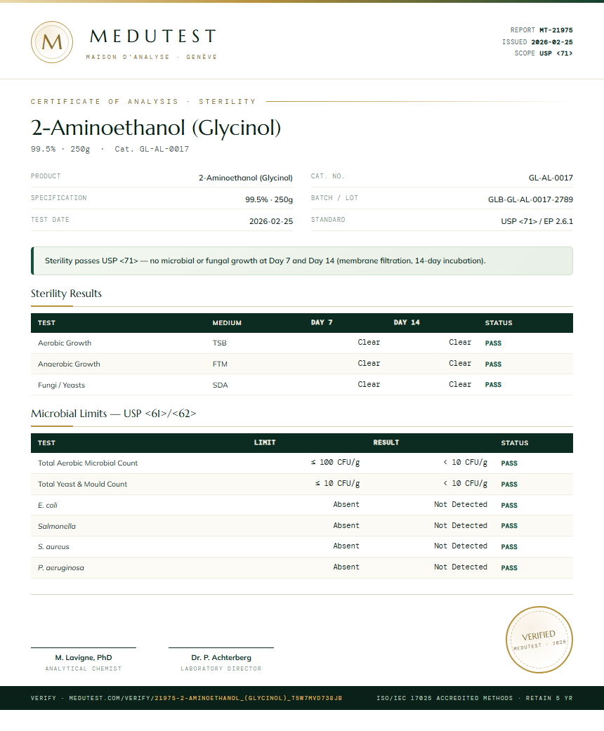 2-Aminoethanol (Glycinol) Sterility report by Medutest