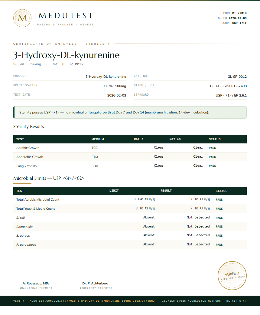 3-Hydroxy-DL-kynurenine Sterility report by Medutest