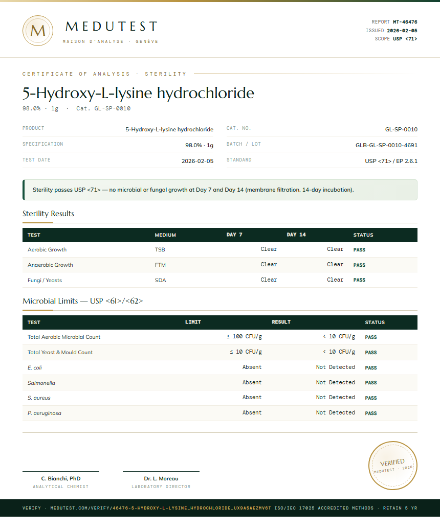 5-Hydroxy-L-lysine hydrochloride Sterility report by Medutest