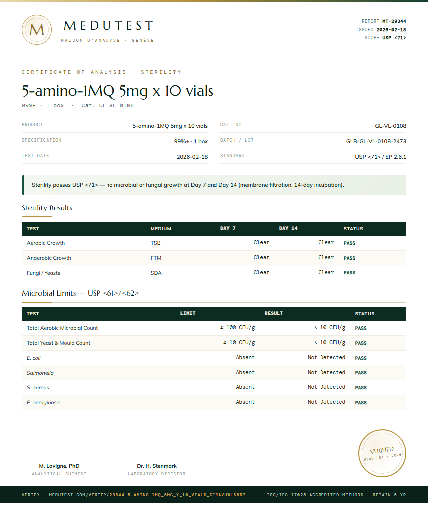 5-amino-1MQ 5mg x 10 vials Sterility report by Medutest
