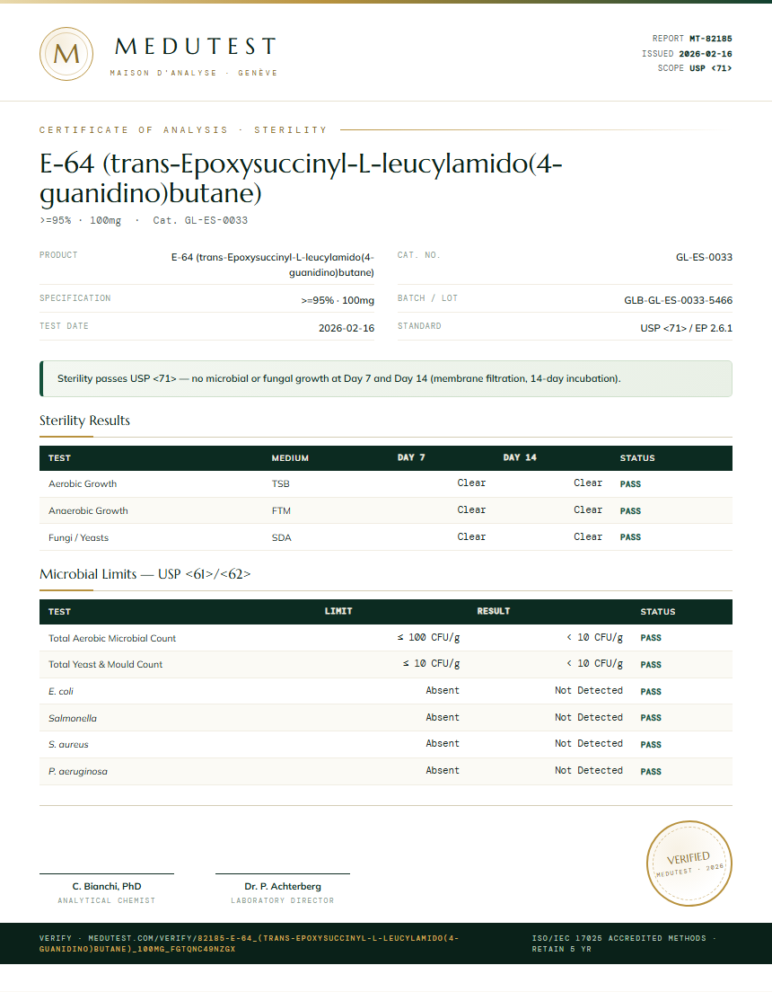E-64 (trans-Epoxysuccinyl-L-leucylamido(4-guanidino)butane) Sterility report by Medutest