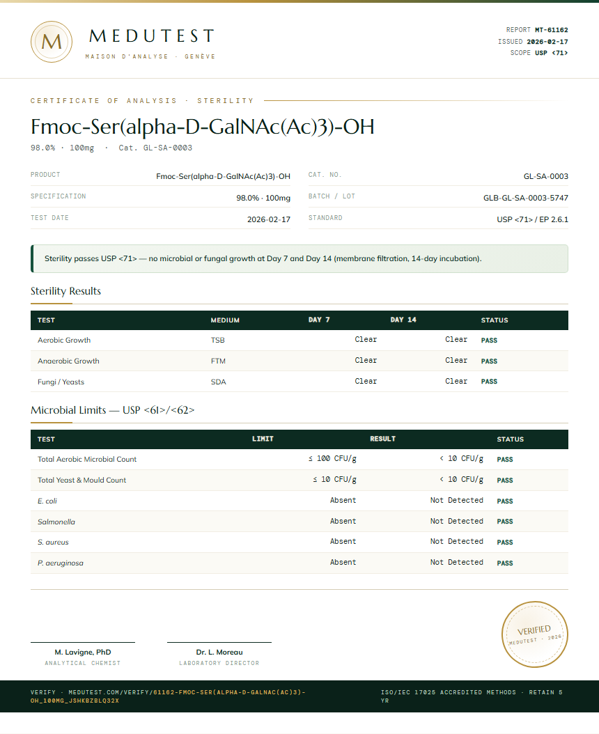 Fmoc-Ser(alpha-D-GalNAc(Ac)3)-OH Sterility report by Medutest