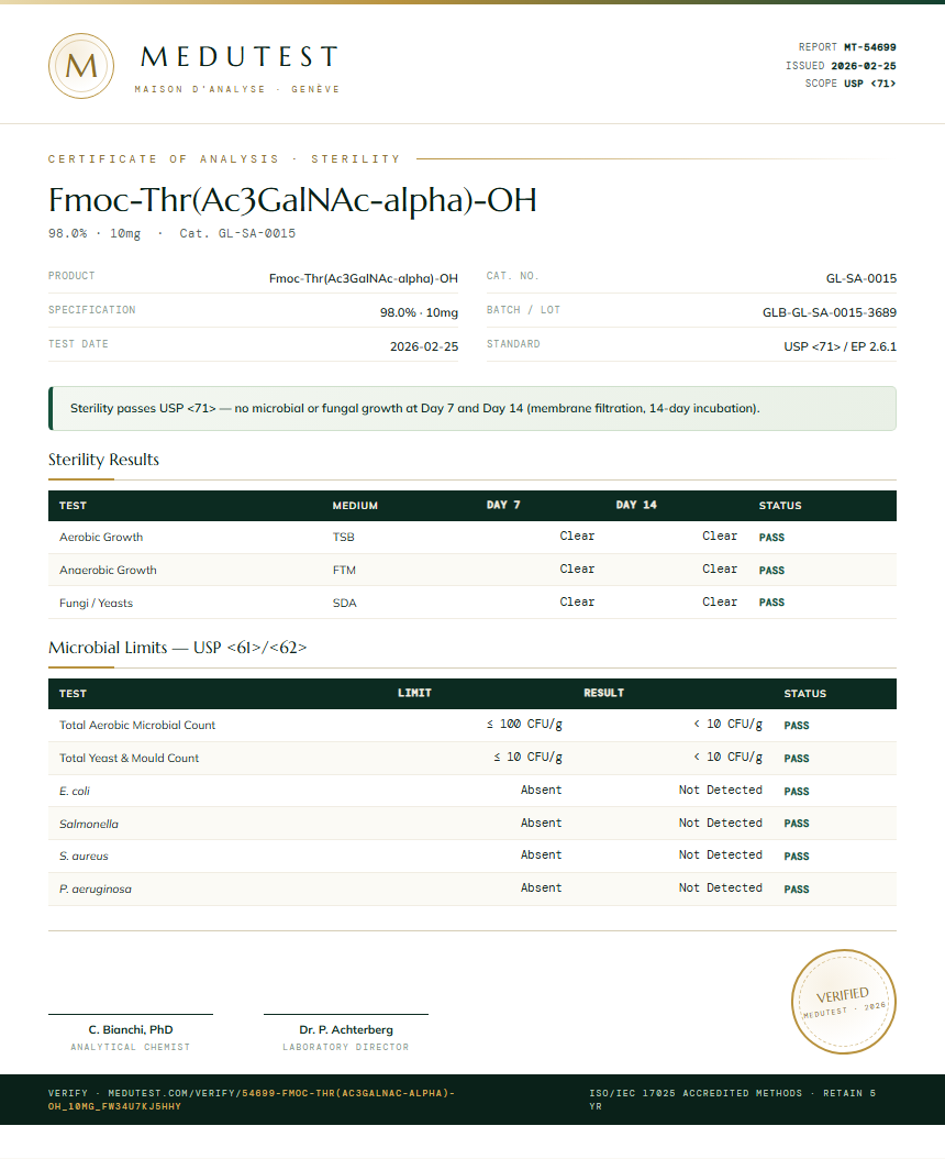Fmoc-Thr(Ac3GalNAc-alpha)-OH Sterility report by Medutest