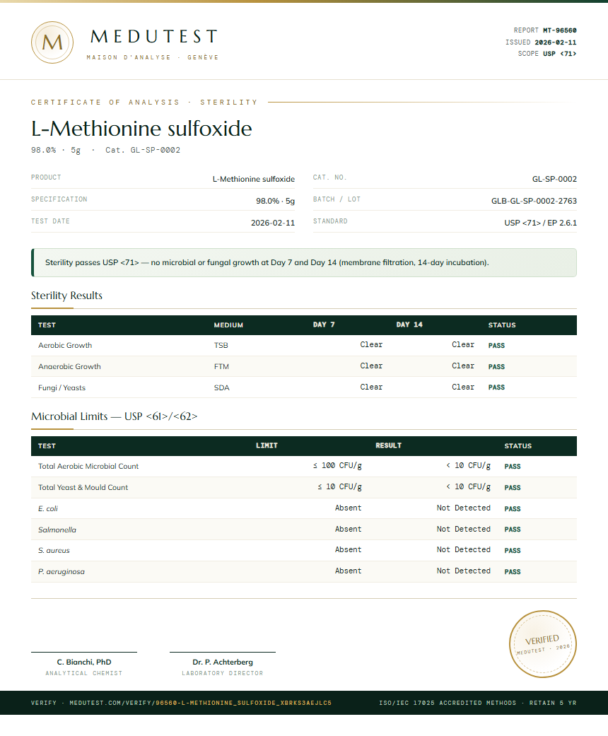 L-Methionine sulfoxide Sterility report by Medutest